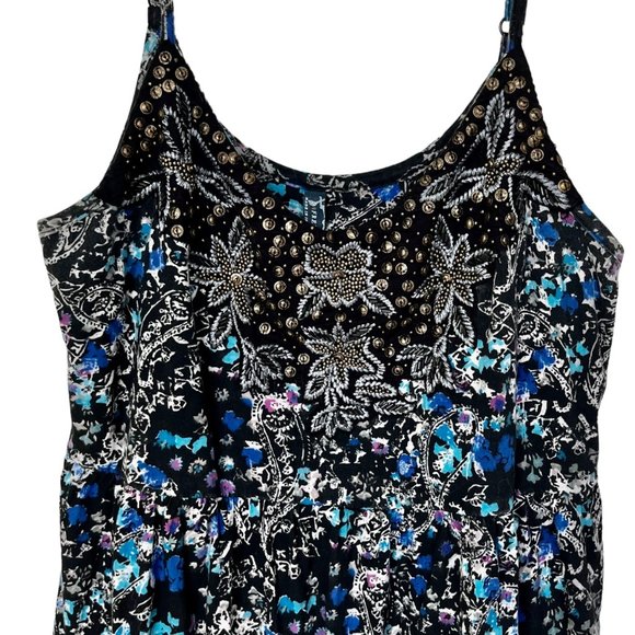 Vintage Free People Mini Dress Beaded Blue Floral Boho Pockets Size M - Picture 3 of 10